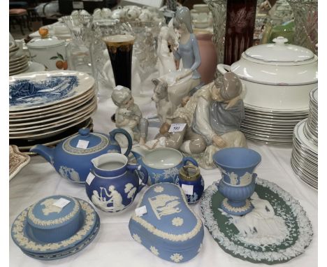 A Nao group and 2 similar figures; a collection of Wedgwood jasperware; etc. 