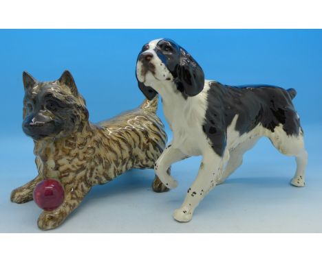 Two model dogs, Royal Doulton spaniel and Beswick Cairn terrier with ball