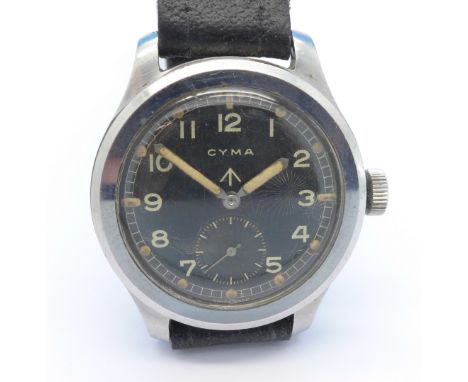 A Cyma military issue wristwatch with black dial, the case back marked W.W.W., P 6704, 11704, and with broad arrow, 37mm case