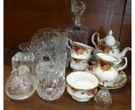 A Royal Albert Old Country Roses tea for two tea service and glassware including a Royal Doulton decanter and two whisky glas