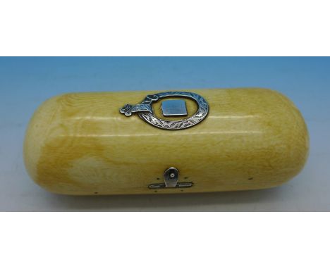 A 19th Century walrus tusk box mounted with white metal, (seaman's trinket box)