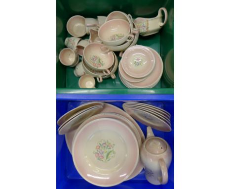 Susie Cooper dinnerwares comprising dinner, medium and side plates, soup bowls and saucers, coffee pot and coffee cups and an