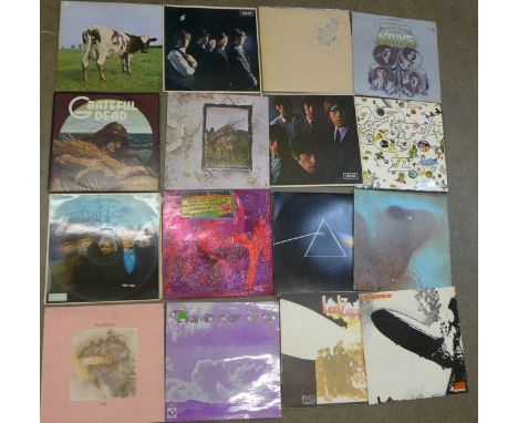 A collection of LP records, Led Zeppelin, Third Ear Band, Peter Sinfield, Pink Floyd, Rolling Stones, Grateful Dead, The Kink