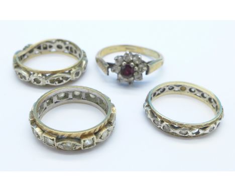 Four 9ct gold and silver rings, total weight 9.2g, I, K, N and O