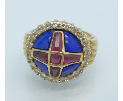 A 14ct gold, white stone, ruby and lapis lazuli ring, 6.8g, K