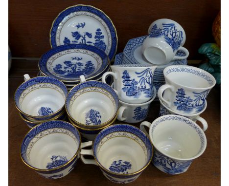 Six Booths Real Old Willow and six Meakin tea cups, saucers and side plates