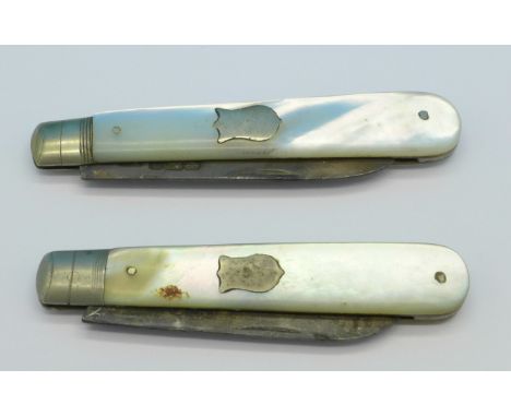 Two silver and mother of pearl pocket knives