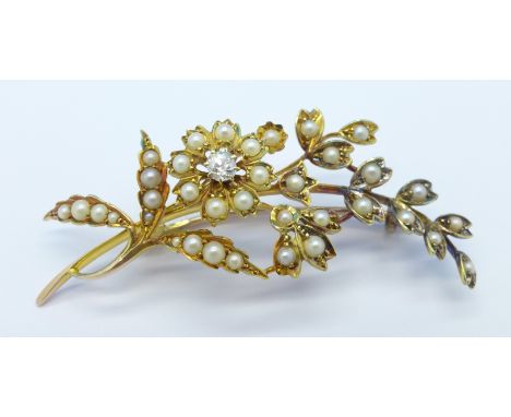 A 15ct gold, diamond and seed pearl leaf brooch, 6.1g