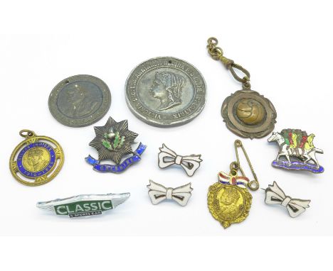 Medallions and badges including silver and enamel Cheshire Regiment, a Widdecombe Fair badge, etc.