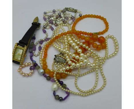 Costume necklaces, a freshwater pearl necklace and a watch