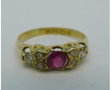 A Victorian 18ct gold, ruby and diamond ring, 2.4g, M