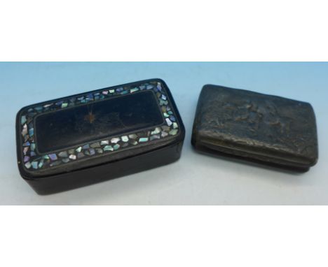 Two snuff boxes, pewter and papier mache with mother of pearl inlay