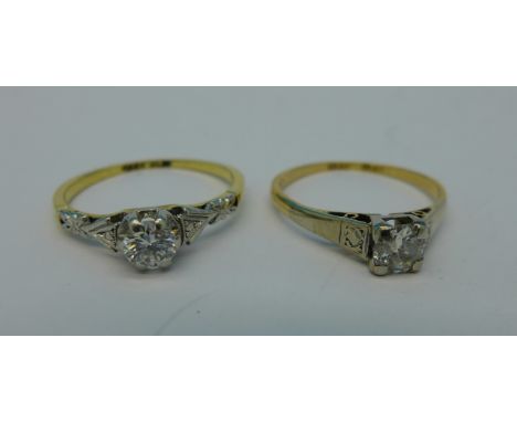 Two 18ct gold, platinum and diamond solitaire rings, c.1920's, total diamond weight 0.8ct, 1.9g, M and 1.5g, K