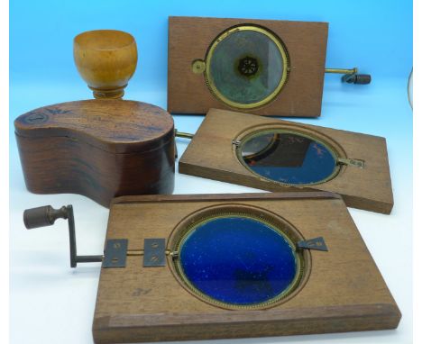 Three revolving magic lantern slides and two treen items