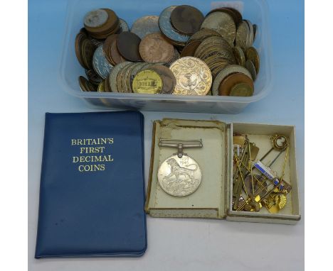 Coins, crowns, stick pins and a WWII medal