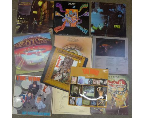 Eleven LP records, David Bowie, The Who, Boston, Pretty Things, Yes, Free and Love