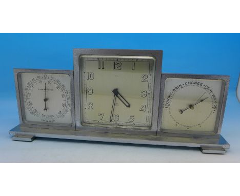 An Art Deco 8-day mantel timepiece with barometer and thermometer, width 26cm