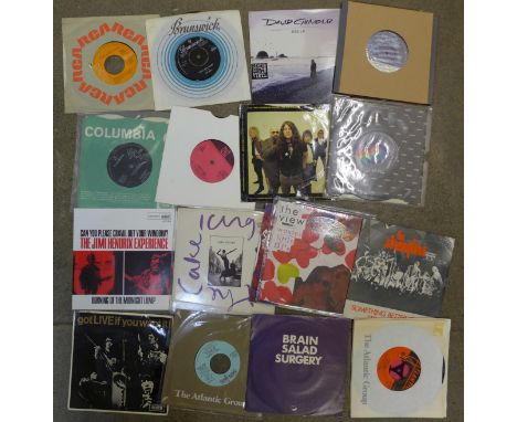 A collection of 45rpm records including Gillan, Jimi Hendrix Experience, 'Tintin' Duffy, The View, The Stranglers, Led Zeppel
