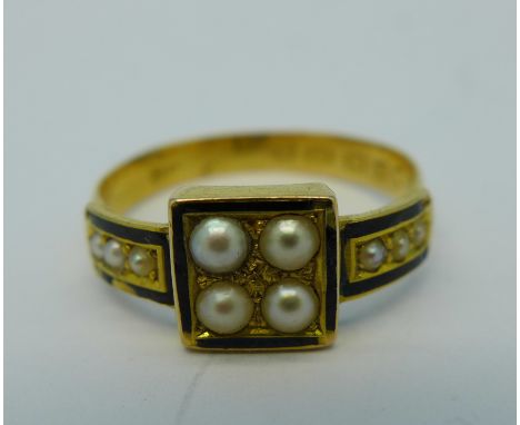 A Victorian 22ct gold, seed pearl and enamel ring, Birmingham 1864, 3g, R