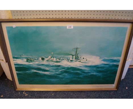 A pencil signed Robert Taylor print depicting HMS Cavalier Arctic Convoy RA64 February 45'