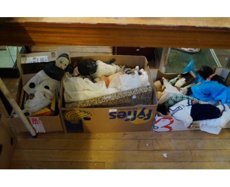 Three boxes of assorted vintage toys, mostly dolls.