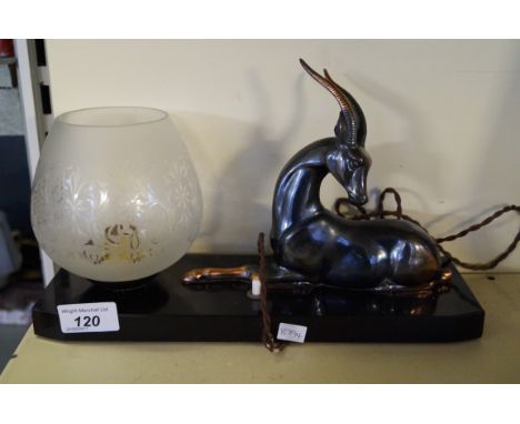 An Art Deco desk lamp modelled with a bronzed spelter stag beside frosted glass shade (sold electrically untested)