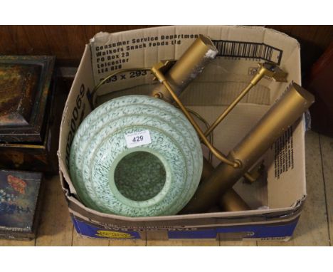 An Art Deco green mottled glass light shade together with gilt metal wall lights.