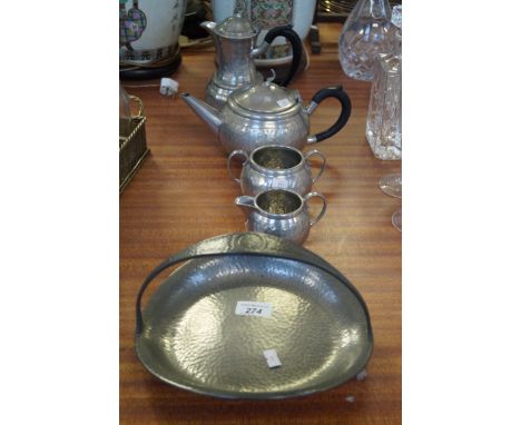 A Cameo pewter four piece tea service together with a tudric pewter cake no.01491