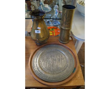 A mixed lot of assorted metalware to include Japanese bronze vase, in the form of a bamboo stalk, two eastern plates etc.