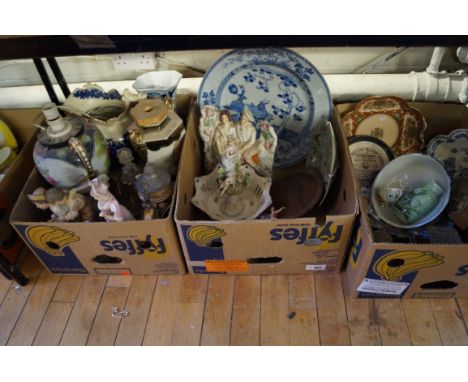 Three boxes of 18th Century and later items to include large Chinese porcelain plate, Staffordshire figures, set of postal sc