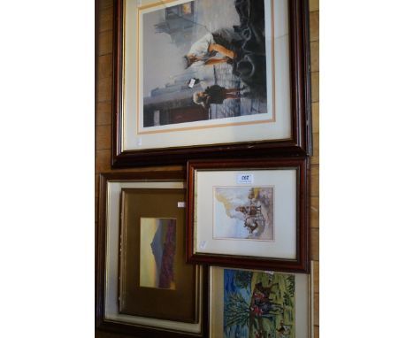 A mixed lot of assorted pictures and prints to include a Mark Grimshaw pencil signed print 'Coalman', watercolour depicting a