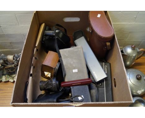 A quantity of assorted cameras and binoculars to include Cannon, vintage compass in leather travelling case etc.