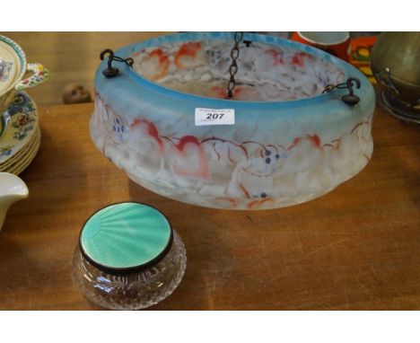 An Art Deco frosted glass ceiling lamp, together with an Art Deco glass powder jar with enamel top.
