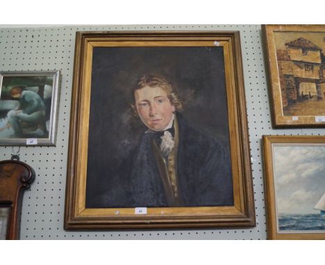 A 19th Century oil on canvas depicting a male portrait of a young gentleman wearing traditional attire 