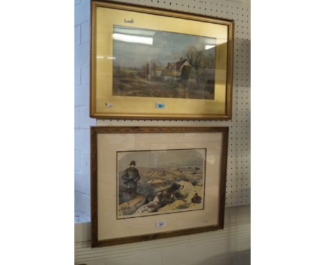 A Sylvester Stannard print depicting a farm handing feeding geese, together with a print The twelve of august 