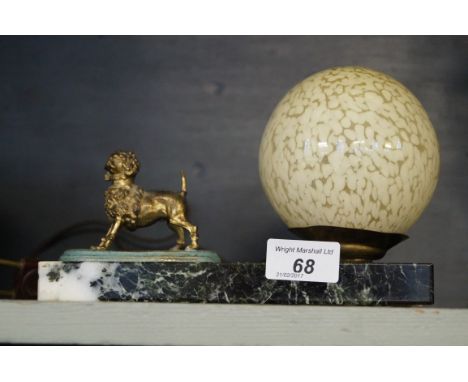 Art Deco desk lamp with gilt metal model of a poodle beside a mottle glass shade.   CONDITION REPORT:  Not tested French plug