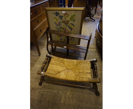 A modern rush seated oak stool together with a mahogany hanging shelf, also a tapestry fire screen.