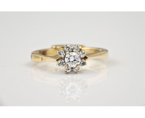 A 14ct gold and diamond floral cluster ring, the centre brilliant cut diamond within a border of eight brilliant cut diamonds