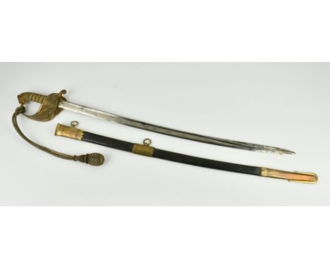 A Victorian British Naval Officer's sword, lion head and bound shagreen grip to folding brass guard, 26in. slightly curving p