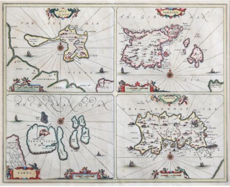 Johannes Jansson (Dutch, 1588-1664), a four part map of Holy Iland, Garnsey, Farne and Jarsey, engraved with hand colouring, 