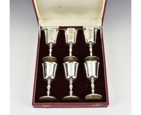 A cased set of six Elizabeth II silver goblets, Deakin & Francis, Birmingham 1972, of early Georgian form with bell shaped, g