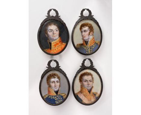 A good set of four French portrait miniatures of Napoleon Bonaparte's Generals, 19th century, oval, finely painted in waterco