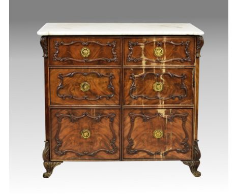 A 19th century Continental mahogany and marble commode, the white marble top with eared front corners, on foliate carved brac