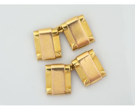 A pair of vintage 18ct gold gents cufflinks, mid-century, French, rectangular with scrolled paper decoration, in green morocc