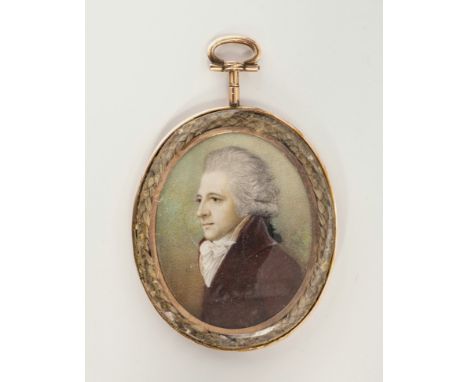 attributed to Philip Jean (1755-1802), Portrait miniature of a gentleman, wearing a dark red velvet coat with high collar and