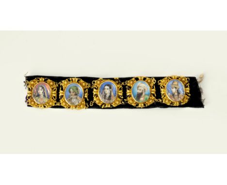 An Indian portrait miniature and 22ct gold bracelet section, 19th century, the partial bracelet mounted on black velvet, comp