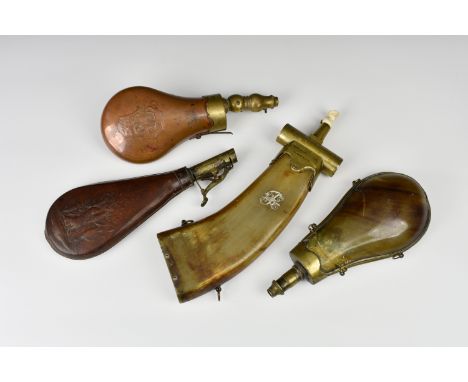 A collection of four antique powder flasks, comprising a horn version with brass mounts, stamped 'PARQUE DE GOSSET INV - 1834