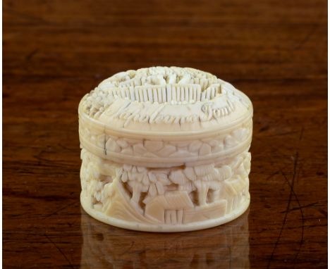 Napoleon interest - a Chinese Canton carved ivory patch box, the domed cover depicting and inscribed 'Napoleon's Tomb', the s