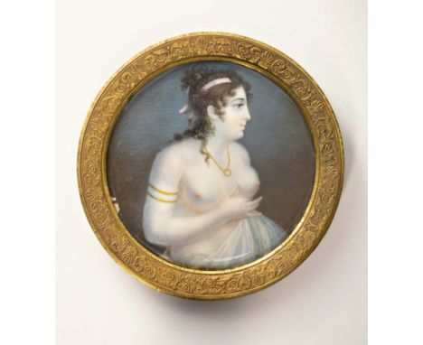 An erotic French portrait miniature of La Princesse Pauline Bonaparte (Princess Borghese), early 19th century, circular, wate