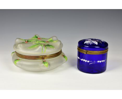 A white satin glass and enamel holly berry powder box / dresser jar, the gilt metal hinged lid and shaped circular body decor
